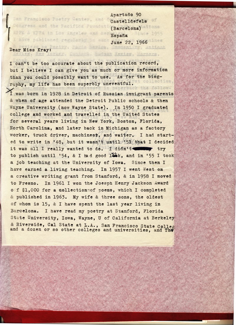 Philip Levine Letter, 1966